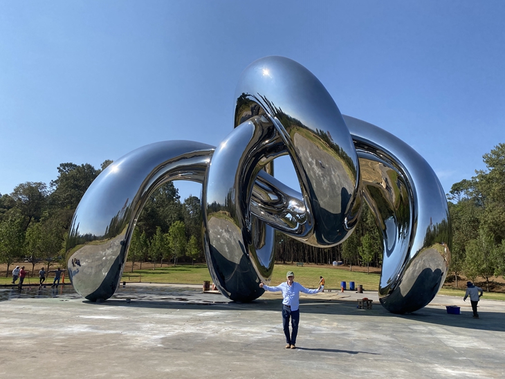 Sculptor Mr. Richard Hudson Inspecting the Completion of the Large Mirror Crab Sculpture in Mexico